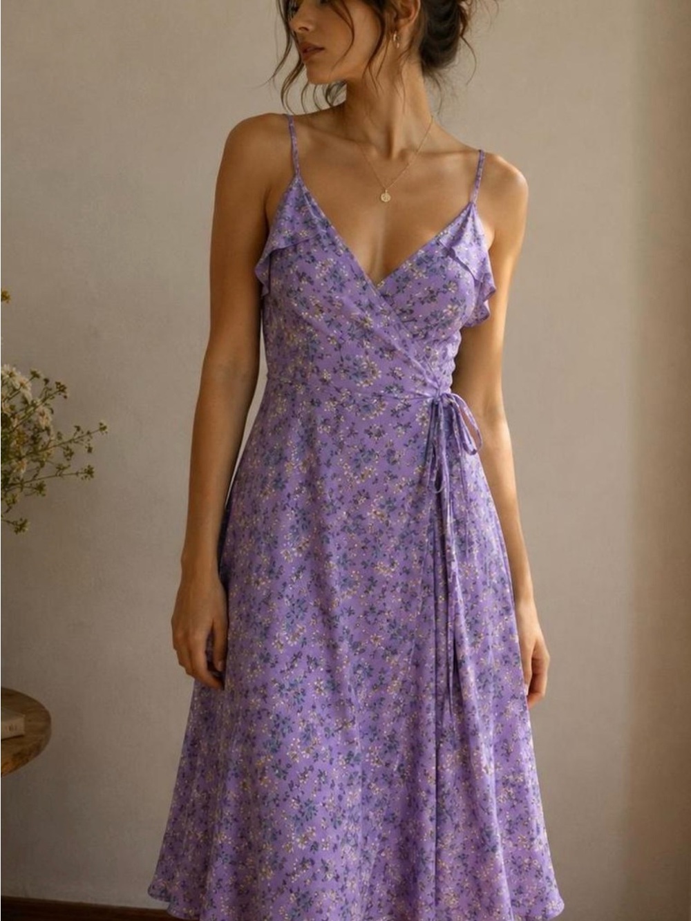 Lulu's Lavender Floral Wrap Midi Dress with Ruffle Trim
